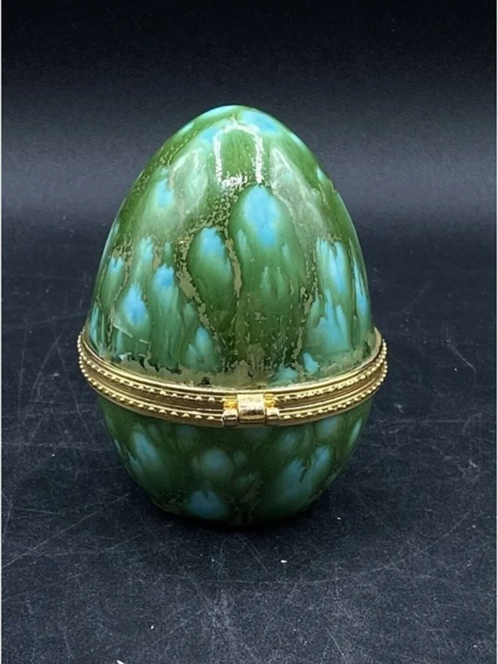 Egg Shaped Hinged Trinket Box Ceramic Vintage Green Blue Tie Dye